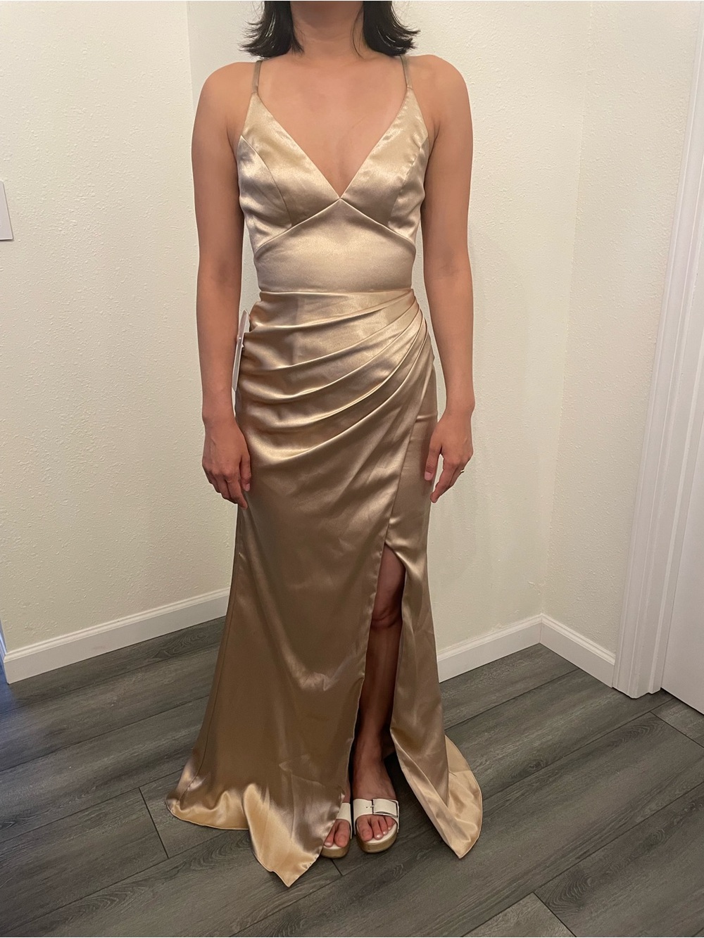 Azazie Champagne Satin Prom Dress